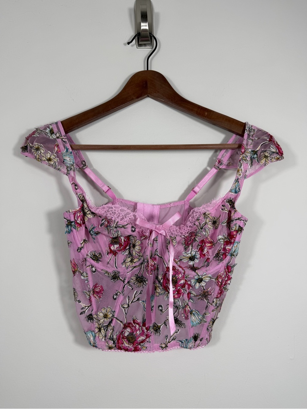 Pink Floral Embroidered Mesh Lace Corset Bustier Crop Top Fairycore